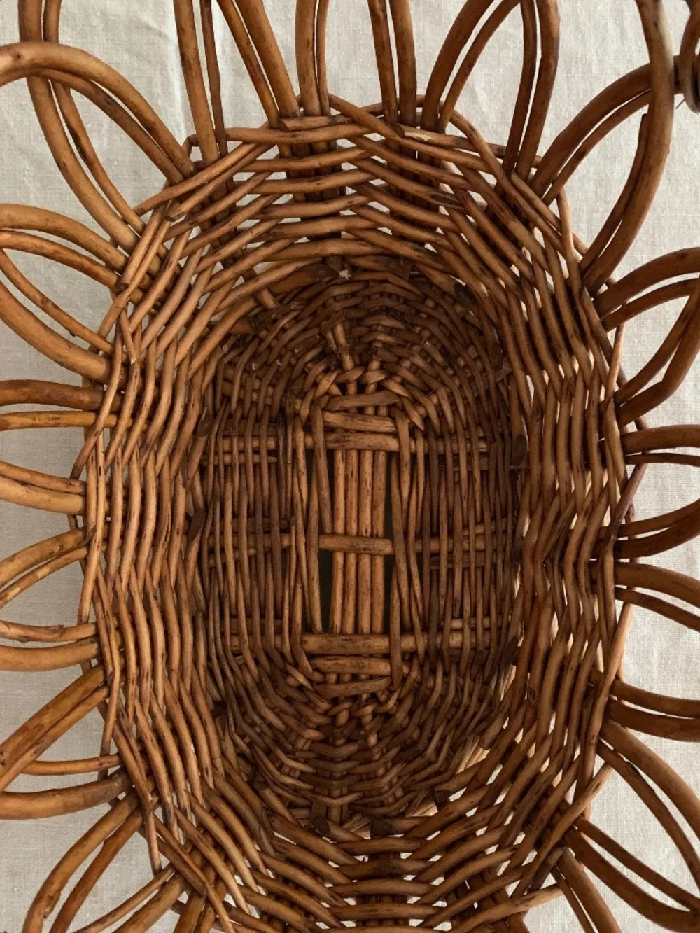 Vintage Woven Wicker Basket Wood Handles Open Weave Pedestal